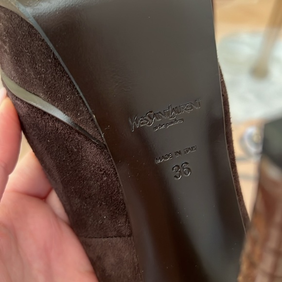 Saint Laurent Chocolate Brown & Ostrich Tribtoo Platform Pumps Size 36 / 6 - Picture 6 of 7